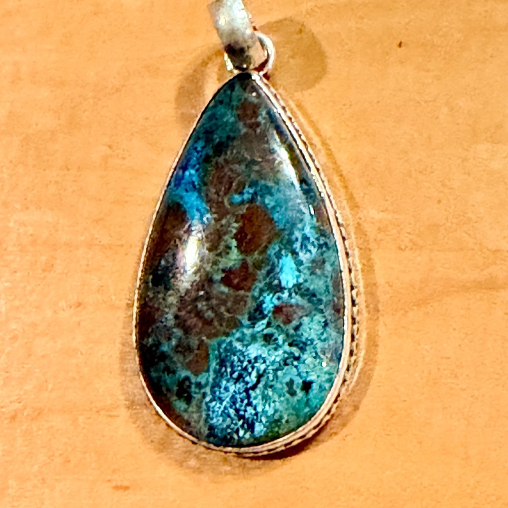Beautiful Chrysocolla Teardrop Pendant Necklace - 925 Plated/Stamped